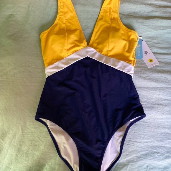 CUPSHE Yellow Blue Colorblocked Open Back One-Piece Swimsuit Sexy V-neck - Picture 5 of 6